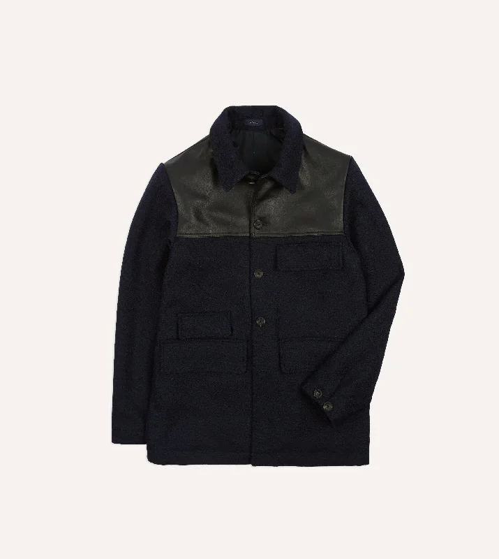 Sports Jacket-Navy Wool and Leather Donkey Jacket