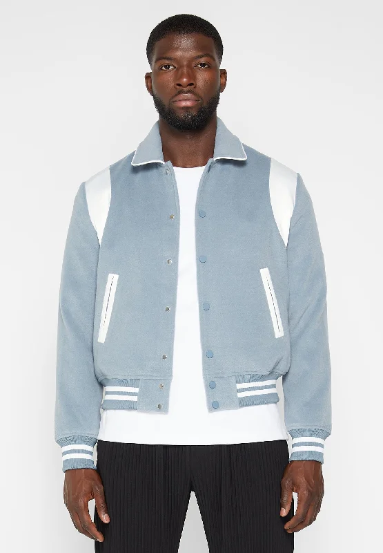 Casual Jacket-Satin Panel Wool Varsity Jacket - Blue