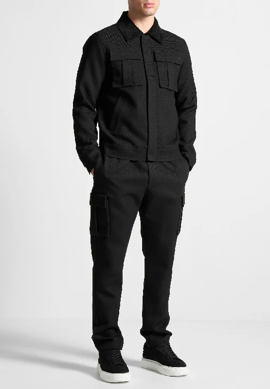 Windproof Jacket-Twill Trucker Jacket with Velvet Collar - Black