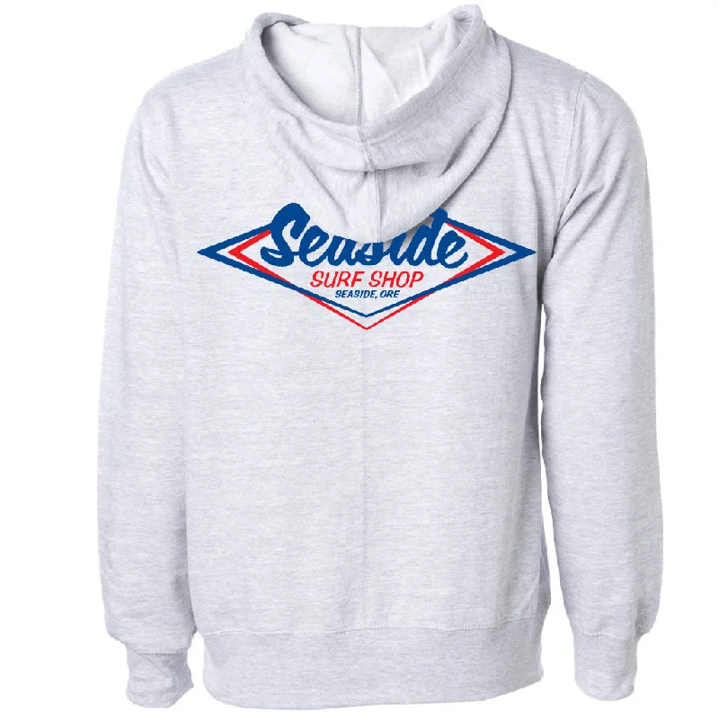 Crewneck Sweatshirt-Seaside Surf Shop Mens Vintage Logo Hooded Pullover Sweatshirt - Grey Heather/Red Blue