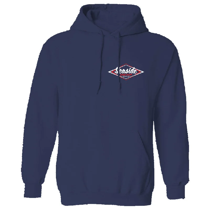 Street Style Sweatshirt-Seaside Surf Shop Mens Vintage Logo Hooded Pullover Sweatshirt - Navy