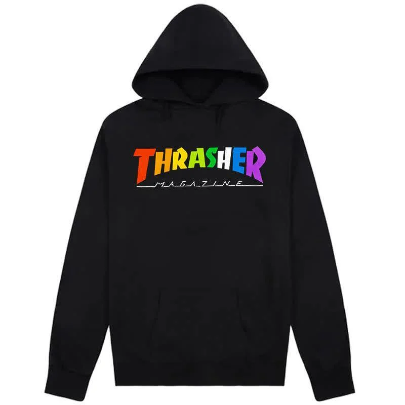 Casual Layer Sweatshirt-Thrasher Magazine Rainbow Hoody - Black